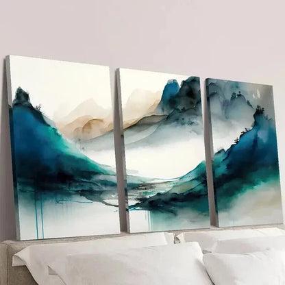 3pcs Green Blue Mountains in the Fog  Wall Art Set Canvas Unframed - High Quality Print 100% Australian Made Wall Canvas