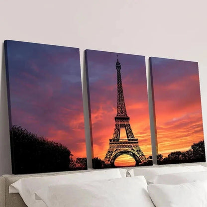 3pcs Eiffel Tower & Sunset with Evening Clouds Wall Art Set Canvas Framed 40x60cm - High Quality Print 100% Australian Made Wall Canvas Ready to Hang