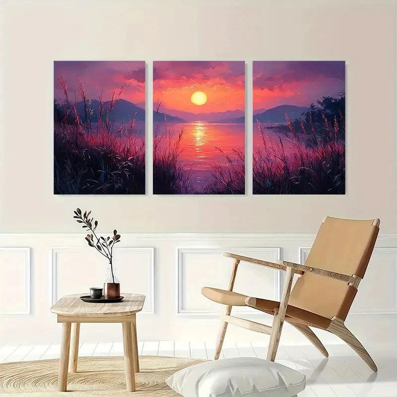 3pcs Soothing Sunrise Gouache Lilac Perfect Wall Art Set Canvas Framed 40x60cm - High Quality Print 100% Australian Made Wall Canvas Ready to Hang