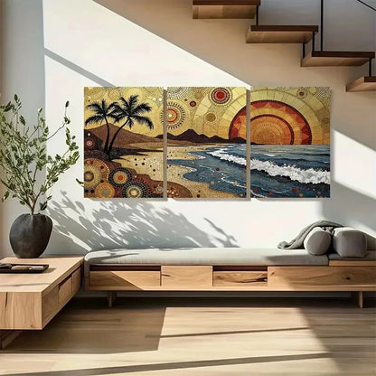 3pcs Golden and Blue Coastal Stunning Mosaic Beach Metal Print Ready to Hang Art
