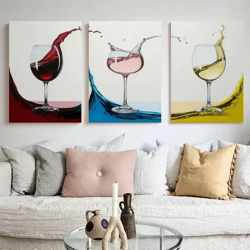 3pcs Modern Wine Glass Vibrant Pouring Wall Art Canvas Unframed - High Quality Print 100% Australian Made Wall Canvas