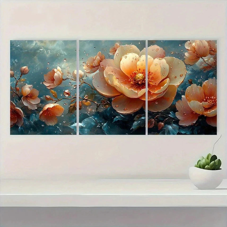 3pcs Vibrant Peach & Orange Blossoms with Dewy Metal Print Ready to Hang Art