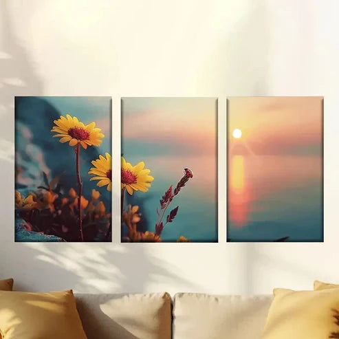 3pcs Flowers on the sunset coast Wall Art Set Canvas Unframed - High Quality Print 100% Australian Made Wall Canvas