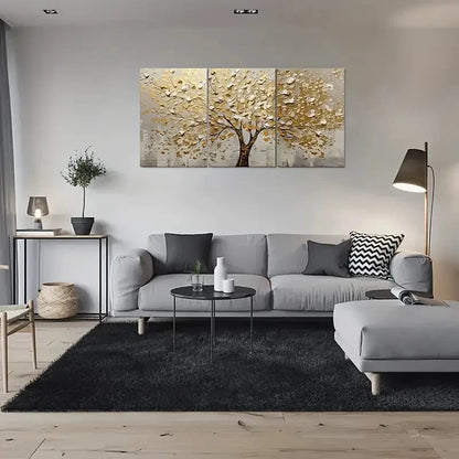 3pcs Abstract Tree Golden Leaf Painting Metal Print Ready to Hang Art