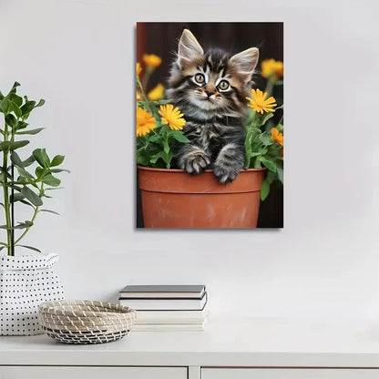 Flowers and Plants Cute Maine Coon Kitten Painting 40x60cm Metal Print Ready to Hang