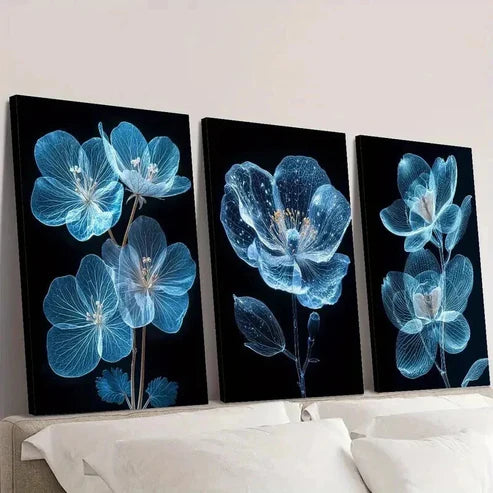 3pcs Bright Blue Flower on Dark Background Wall Art Canvas Unframed - High Quality Print 100% Australian Made Wall Canvas