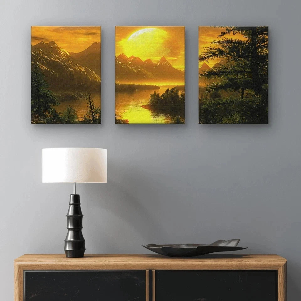 3pcs Golden Hour Mountain Lake Landscape Painting Wall Art Set Canvas Framed 40x60cm - High Quality Print 100% Australian Made Wall Canvas Ready to Hang