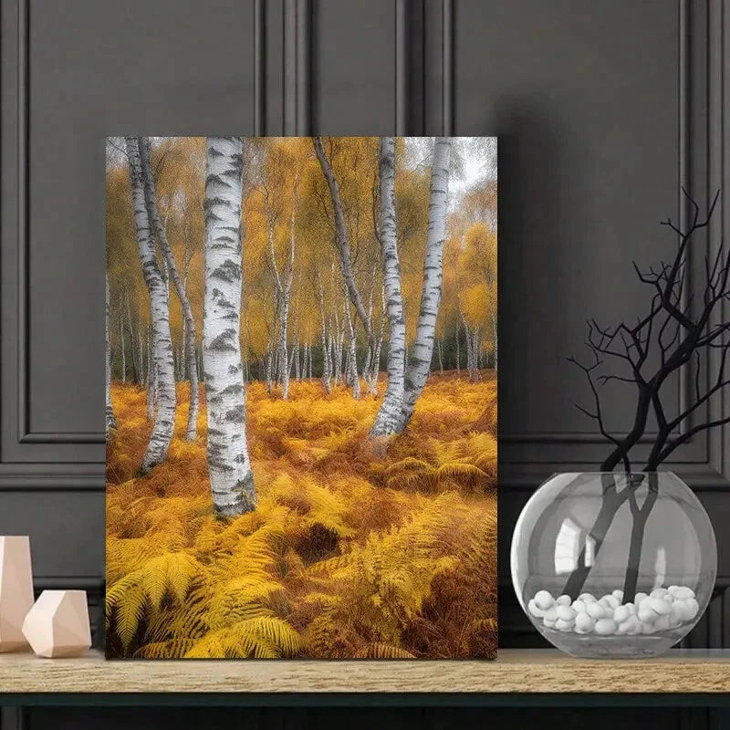 Birch Forest in Autumn, with Yellow Leaves And Green 40x60cm Metal Print Ready to Hang
