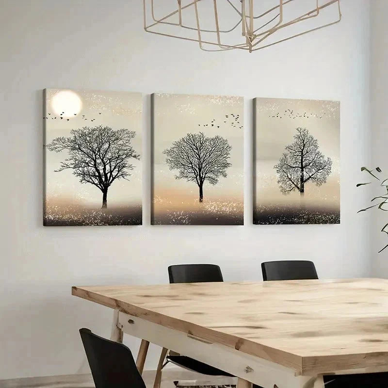 3pcs Trees Under Sunset Simple Style Wall Art Set Canvas Framed 40x60cm - High Quality Print 100% Australian Made Wall Canvas Ready to Hang