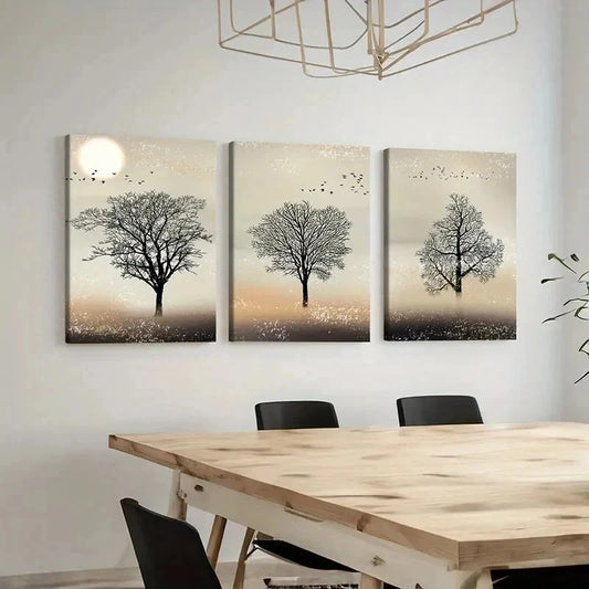 3pcs Trees Under Sunset Simple Style Wall Art Set Canvas Framed 40x60cm - High Quality Print 100% Australian Made Wall Canvas Ready to Hang