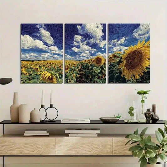 Three-panel artwork of sunflowers and a blue sky above a modern living room setup.