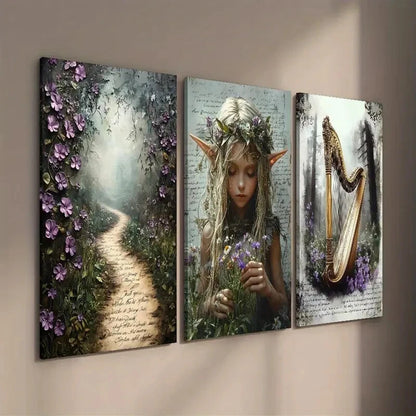 3pcs Vintage Botanical Flower and Floral Girl Wall Art Set Canvas Framed 40x60cm - High Quality Print 100% Australian Made Wall Canvas Ready to Hang