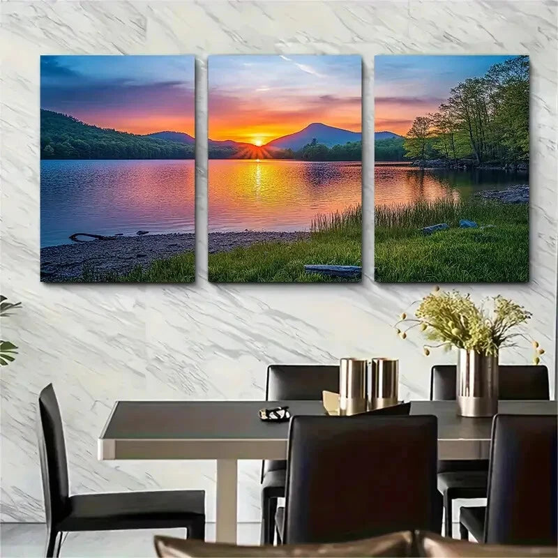 3pcs Sunset Mountain & Water Reflection Metal Print Ready to Hang Art