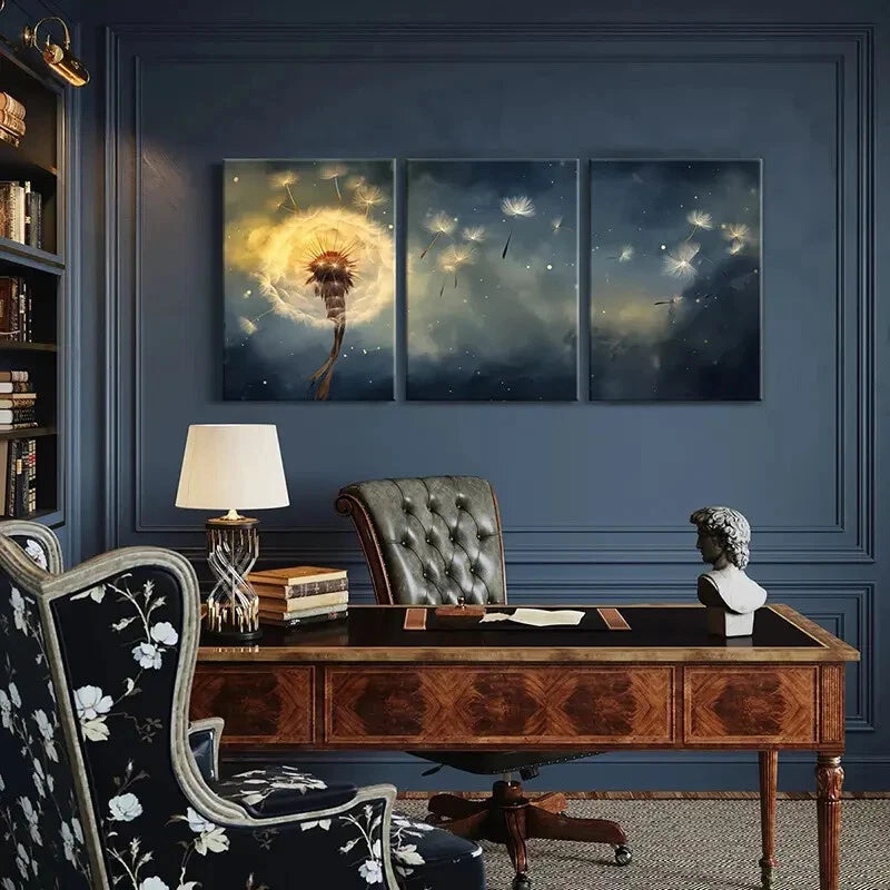 3pcs Dandelion Night Sky Glowing Seeds Ethereal Metal Print Ready to Hang Art