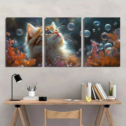 3pcs Whimsical Kitten Big Eyes & Vibrant Colors Metal Print Ready to Hang Art
