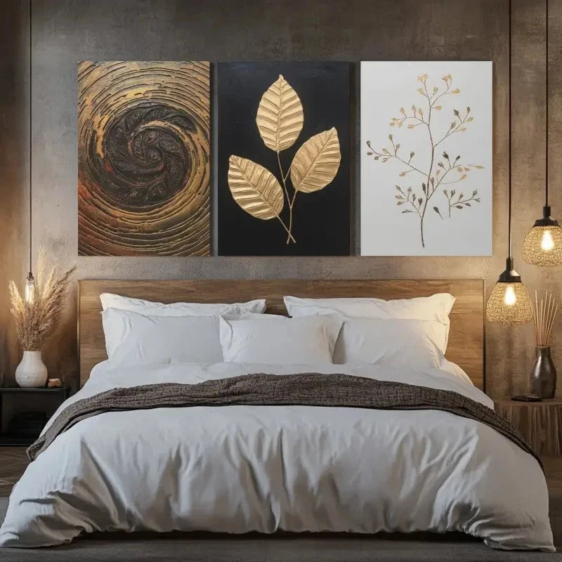 3pcs A Triptych Featuring Golden Patterns Metal Print Ready to Hang Art