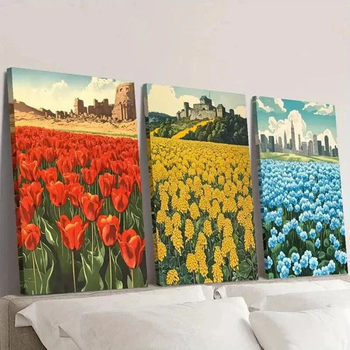 3pcs Red Yellow and Blue Flower Field Wall Art Canvas Unframed - High Quality Print 100% Australian Made Wall Canvas