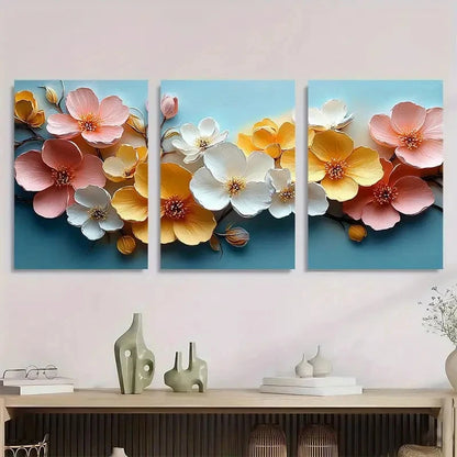 3pcs Pastel Pink Yellow White Blossoms Metal Print Ready to Hang Art