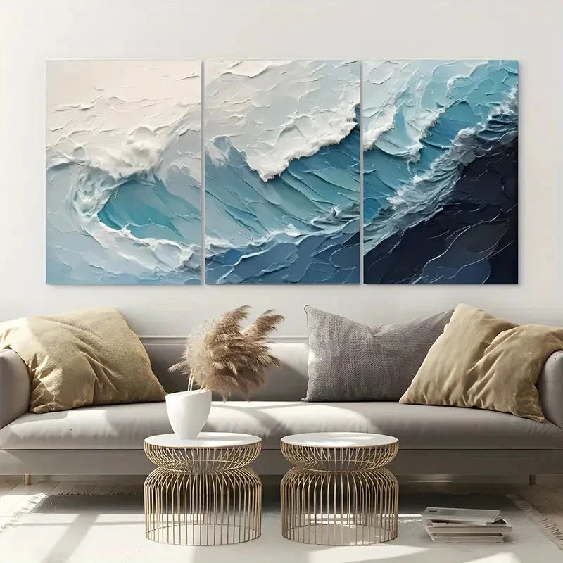 3pcs Blue Abstract Wave Ocean Metal Print Ready to Hang Art