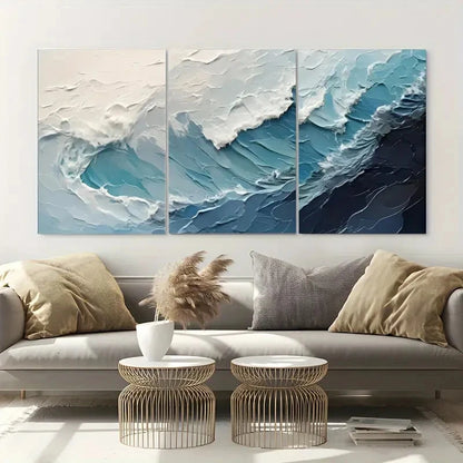 3pcs Blue Abstract Wave Ocean Metal Print Ready to Hang Art