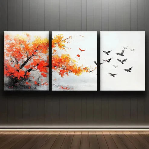 3pcs Colorful Autumn Tree and Birds Theme Wall Art Set Canvas Unframed - High Quality Print 100% Australian Made Wall Canvas