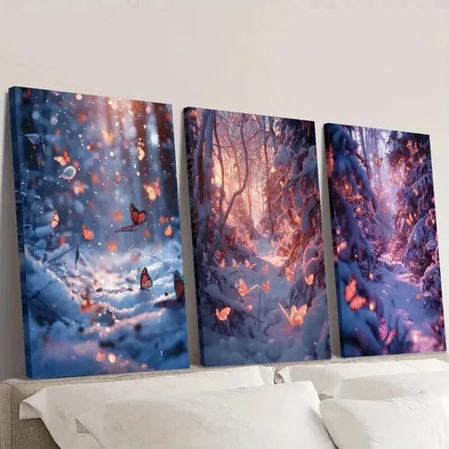 3pcs Glittering Winter Butterfly Snow Forest  Wall Art Set Canvas Unframed - High Quality Print 100% Australian Made Wall Canvas