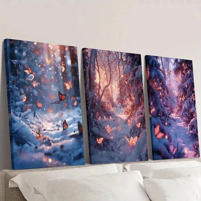 3pcs Glittering Winter Butterfly Snow Forest  Wall Art Set Canvas Unframed - High Quality Print 100% Australian Made Wall Canvas