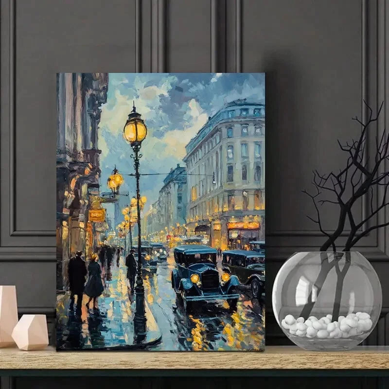 Vintage Car Driving Through The Streets Evening 40x60cm Metal Print Ready to Hang