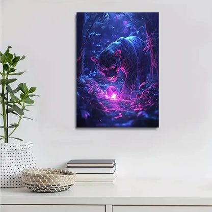 Beautiful Panther Playing with Glowing Ball Painting 40x60cm Metal Print Ready to Hang