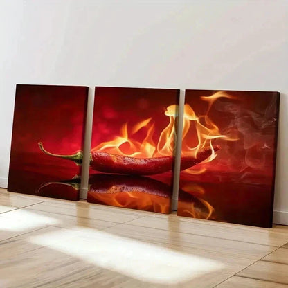 3pcs Vibrant Burning Chili Pepper Wall Art Set Canvas Framed 40x60cm - High Quality Print 100% Australian Made Wall Canvas Ready to Hang