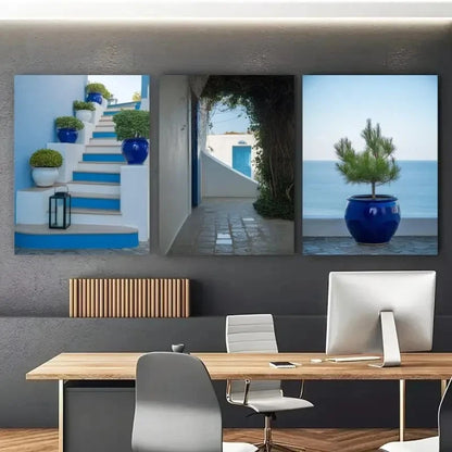 3pcs White Walls Mediterranean Blue Pottery Metal Print Ready to Hang Art