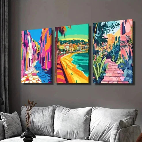 3pcs Colorful Ocean Beach City Landscape Wall Art Set Canvas Unframed - High Quality Print 100% Australian Made Wall Canvas