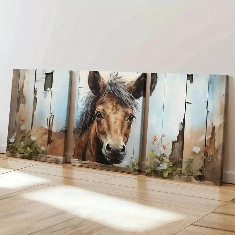 3pcs Rustic Fence Flowers & Horse Landscape Wall Art Set Canvas Framed 40x60cm - High Quality Print 100% Australian Made Wall Canvas Ready to Hang
