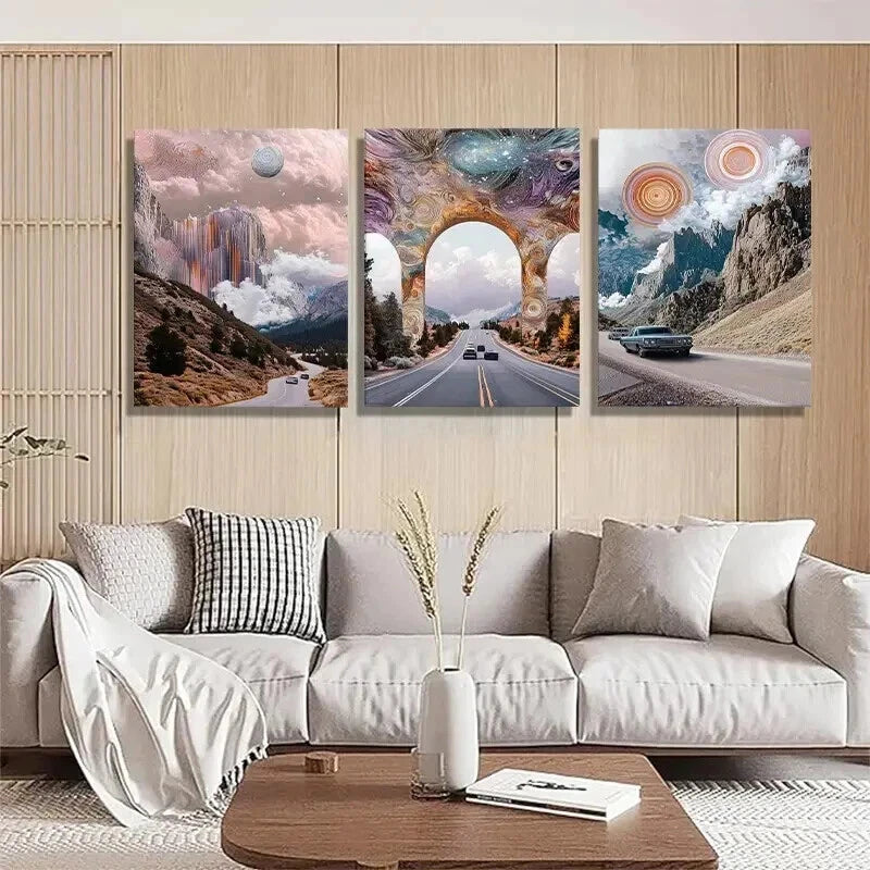 3pcs Panel Surreal Cosmic Road Trip Perfect Wall Art Set Canvas Framed 40x60cm - High Quality Print 100% Australian Made Wall Canvas Ready to Hang