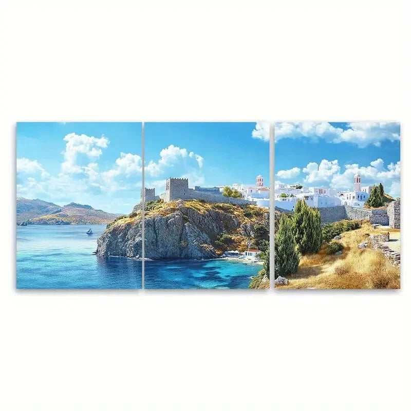 3pcs Greek Island Landscape with Blue Waters Metal Print Ready to Hang Art