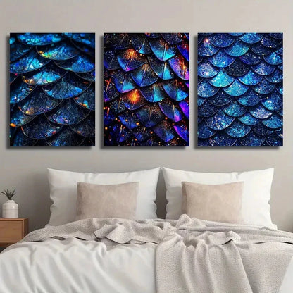 3pcs Blue Glitter Scales Décor Modern Perfect Wall Art Set Canvas Framed 40x60cm - High Quality Print 100% Australian Made Wall Canvas Ready to Hang