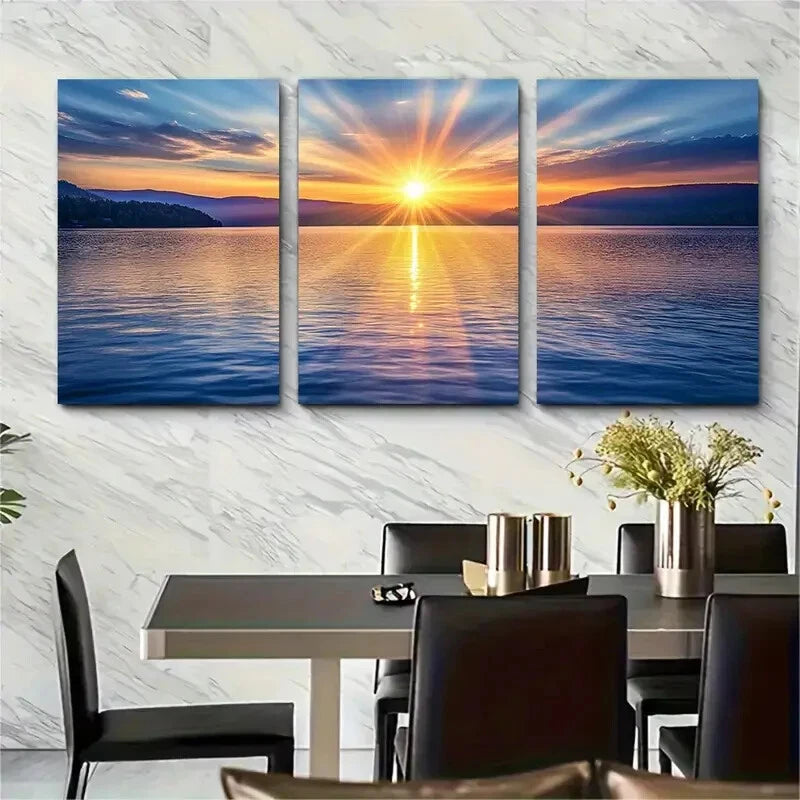 3pcs Scenic Sunset Over Mountain Lake Nature Metal Print Ready to Hang Art
