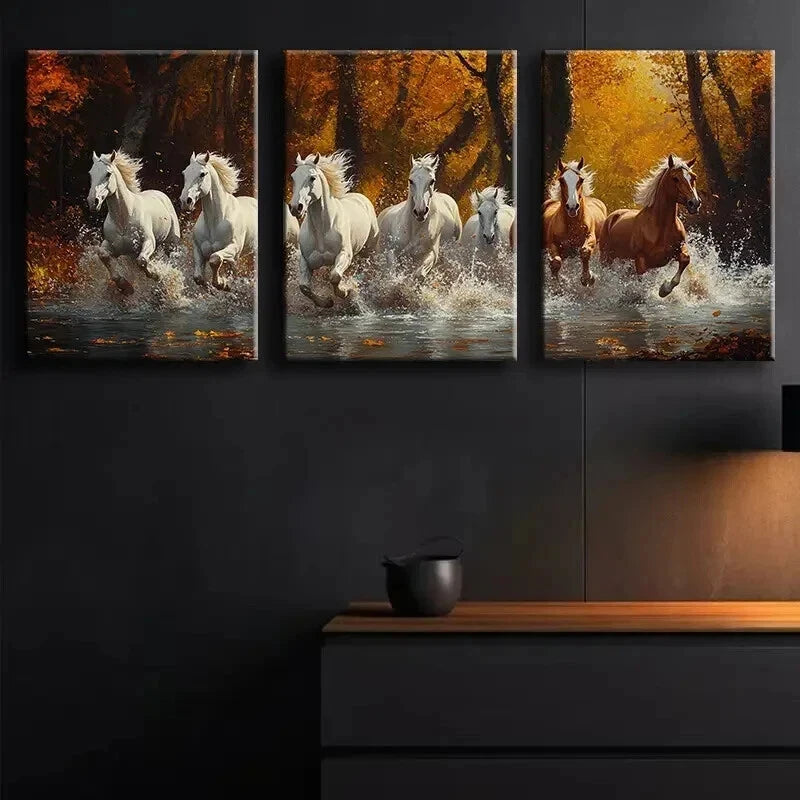3pcs Majestic Running White & Brown Horses Wall Art Set Canvas Framed 40x60cm - High Quality Print 100% Australian Made Wall Canvas Ready to Hang