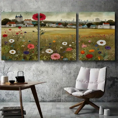 3pcs Wildflower Field Village Botanical Meadow Wall Art Set Canvas Framed 40x60cm - High Quality Print 100% Australian Made Wall Canvas Ready to Hang