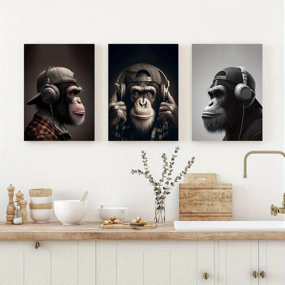 3pcs Monkey Headphones & Turban Metal Print Ready to Hang Art