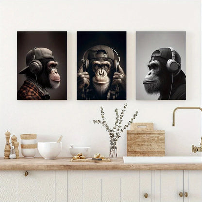 3pcs Monkey Headphones & Turban Metal Print Ready to Hang Art