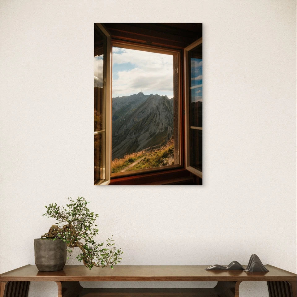 Mountain Window View Landscape Scenery 40x60cm Metal Print Ready to Hang