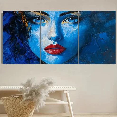 3pcs Blue Face Abstract Lady Woman Face Wall Art Set Canvas Unframed - High Quality Print 100% Australian Made Wall Canvas