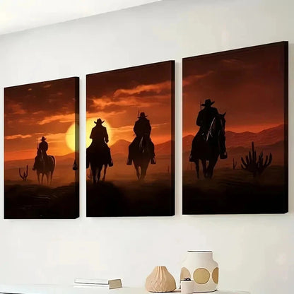 3pcs Western Cowboy Sunset Décor Perfect Wall Art Set Canvas Framed 50x70cm - High Quality Print 100% Australian Made Wall Canvas Ready to Hang
