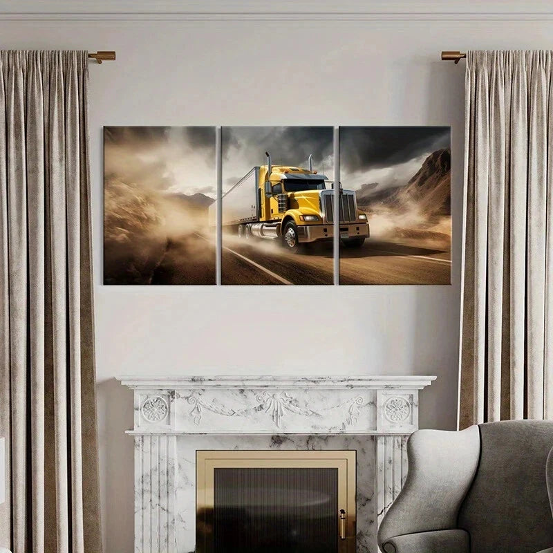 3pcs Yellow Semi Truck Stormy Desert Metal Print Ready to Hang Art