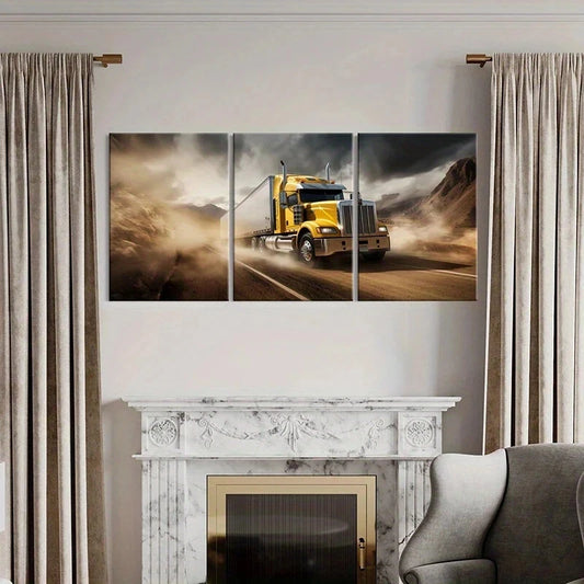 3pcs Yellow Semi Truck Stormy Desert Metal Print Ready to Hang Art