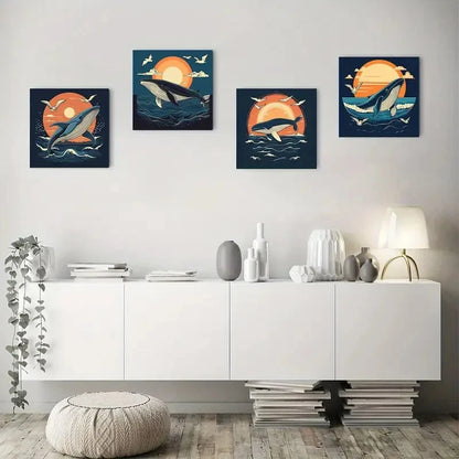 4pcs Vintage Whale & SunsetWall Art Canvas Framed