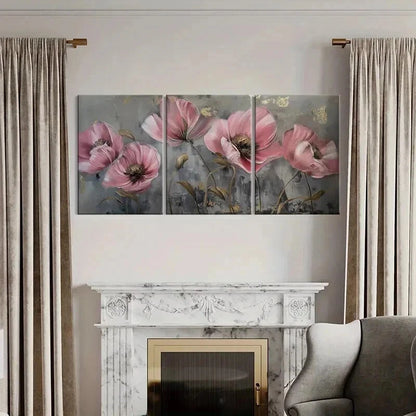 3pcs Abstract Pink Golden Flowers Vintage Wall Art Set Canvas Framed 40x60cm - High Quality Print 100% Australian Made Wall Canvas Ready to Hang