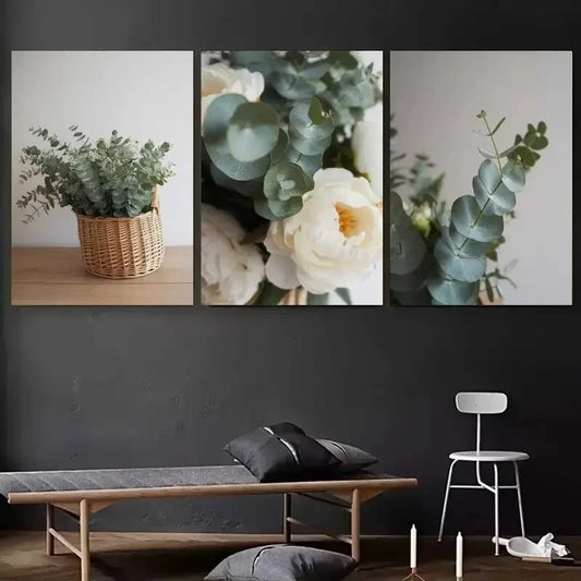 3pcs Eucalyptus Leaves White Peonies Painting Metal Print Ready to Hang Art