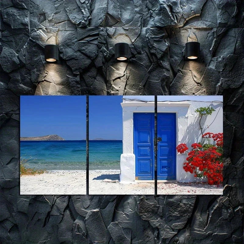 3pcs Greek Beach Scene with Blue Door and Floral Metal Print Ready to Hang Art